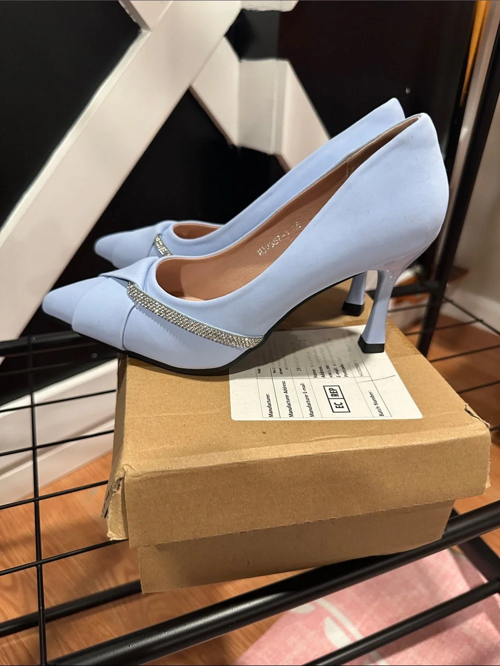Light Blue Pointed Toe Pumps with Rhinestone Accent - Women